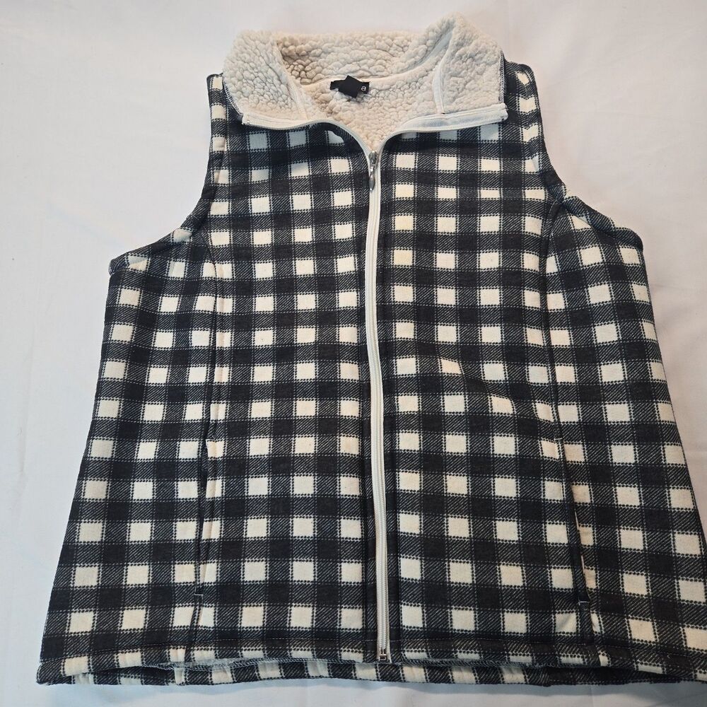 Erika Jacket Womens Sleeveless Fleece L Black & White Gingham Plaid Fall Western